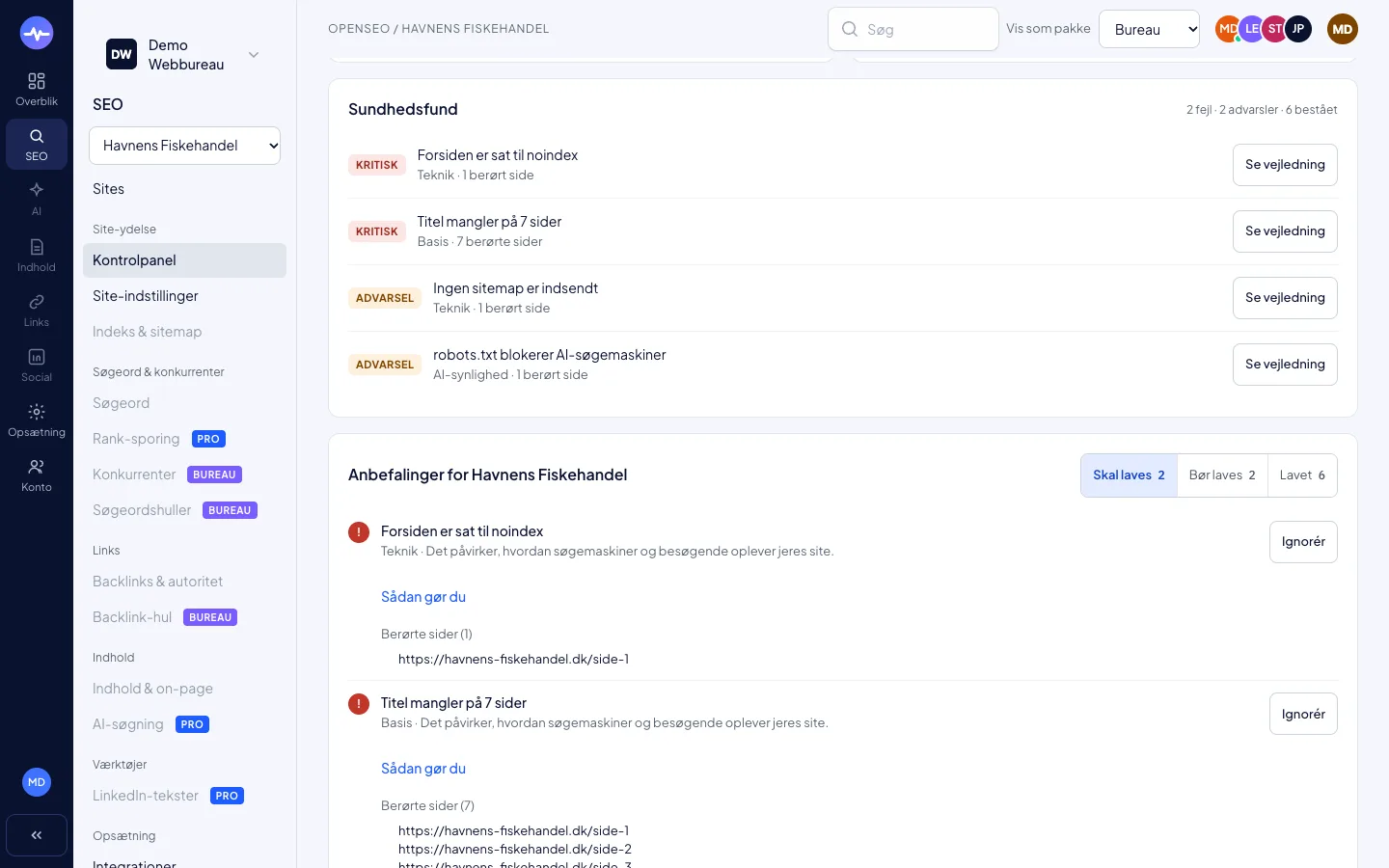 Skærmbillede af OpenSEO-appen: anbefalinger og udfør handling